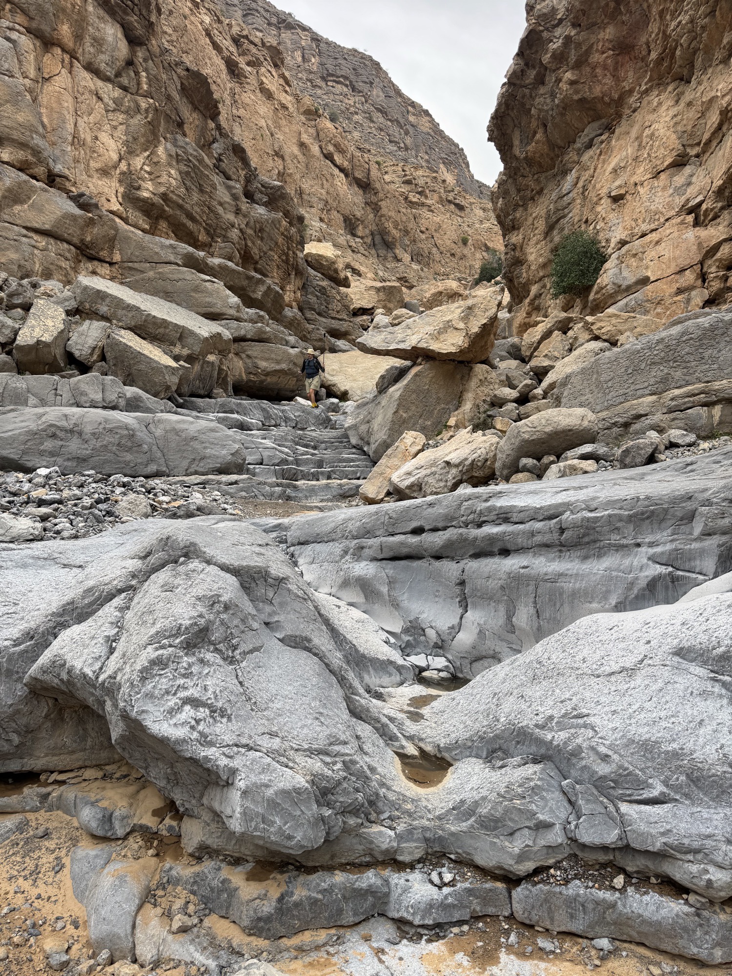 Smooth grey rock steps in a canyon with a hiker ahead